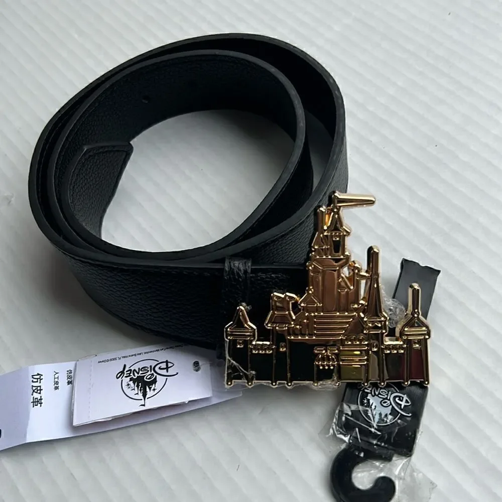Disney Parks Gold Fantasyland Castle Buckle Black Belt - NWT